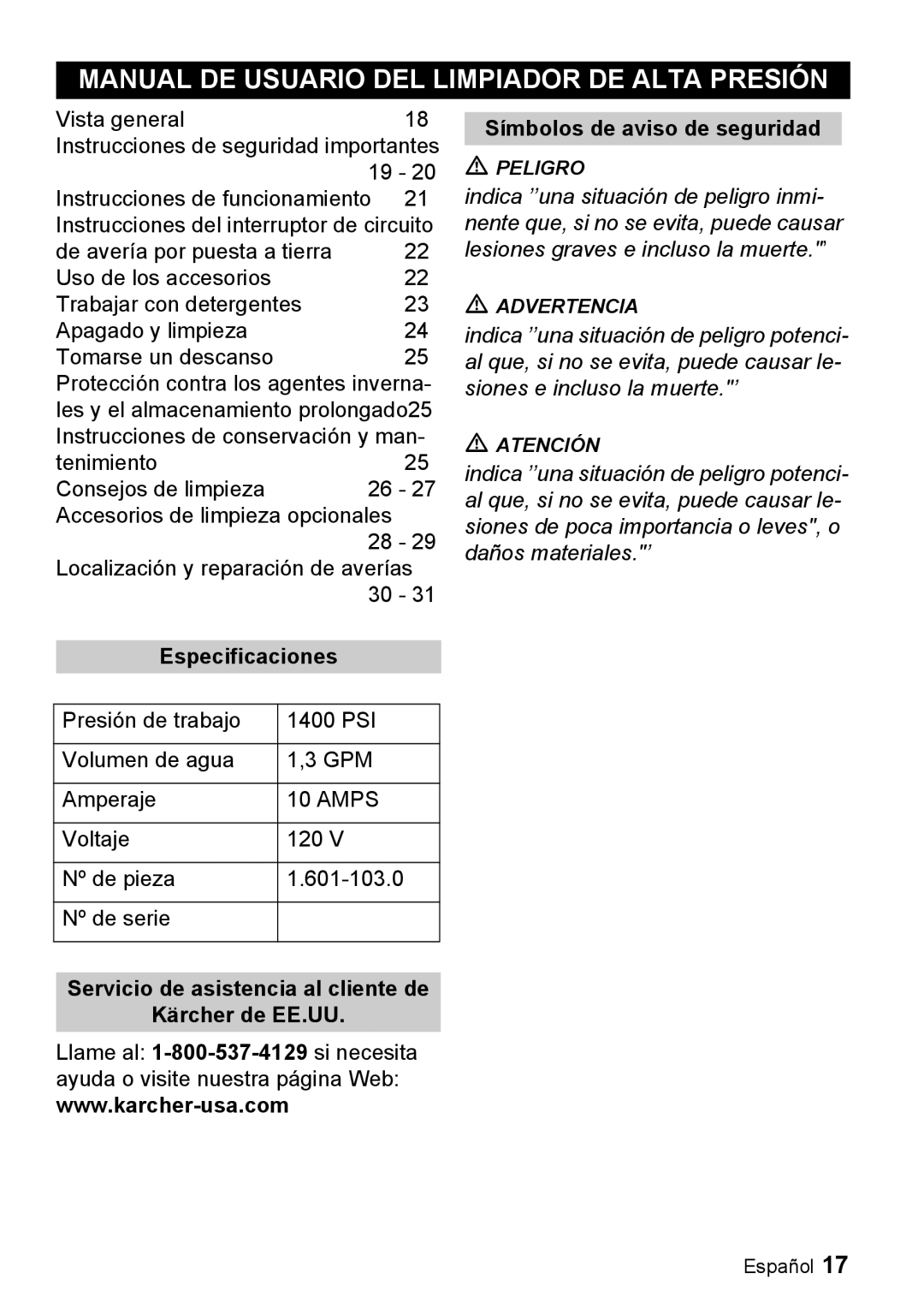 Karcher K 2.93 manual Manual DE Usuario DEL Limpiador DE Alta Presión, Especificaciones 