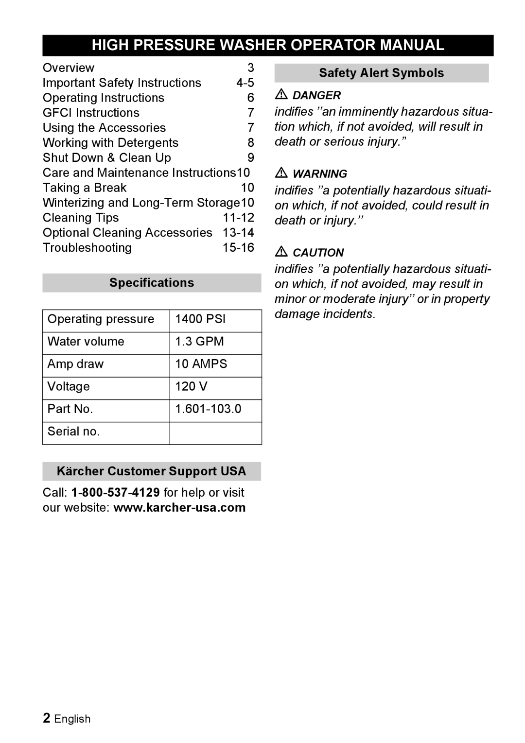 Karcher K 2.93 High Pressure Washer Operator Manual, Specifications, Kärcher Customer Support USA, Safety Alert Symbols 