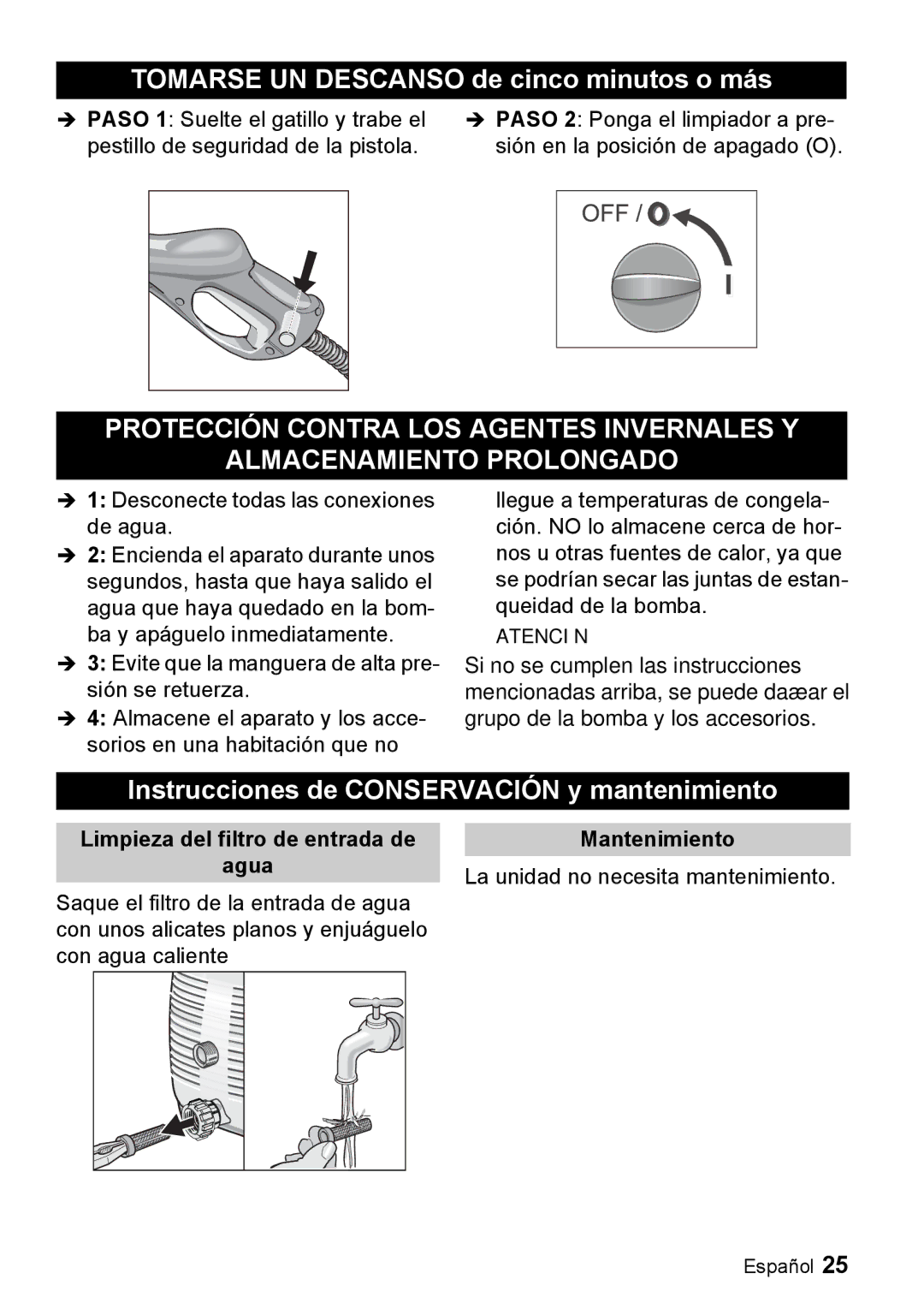 Karcher K 2.93 manual Limpieza del filtro de entrada de Agua, Mantenimiento 