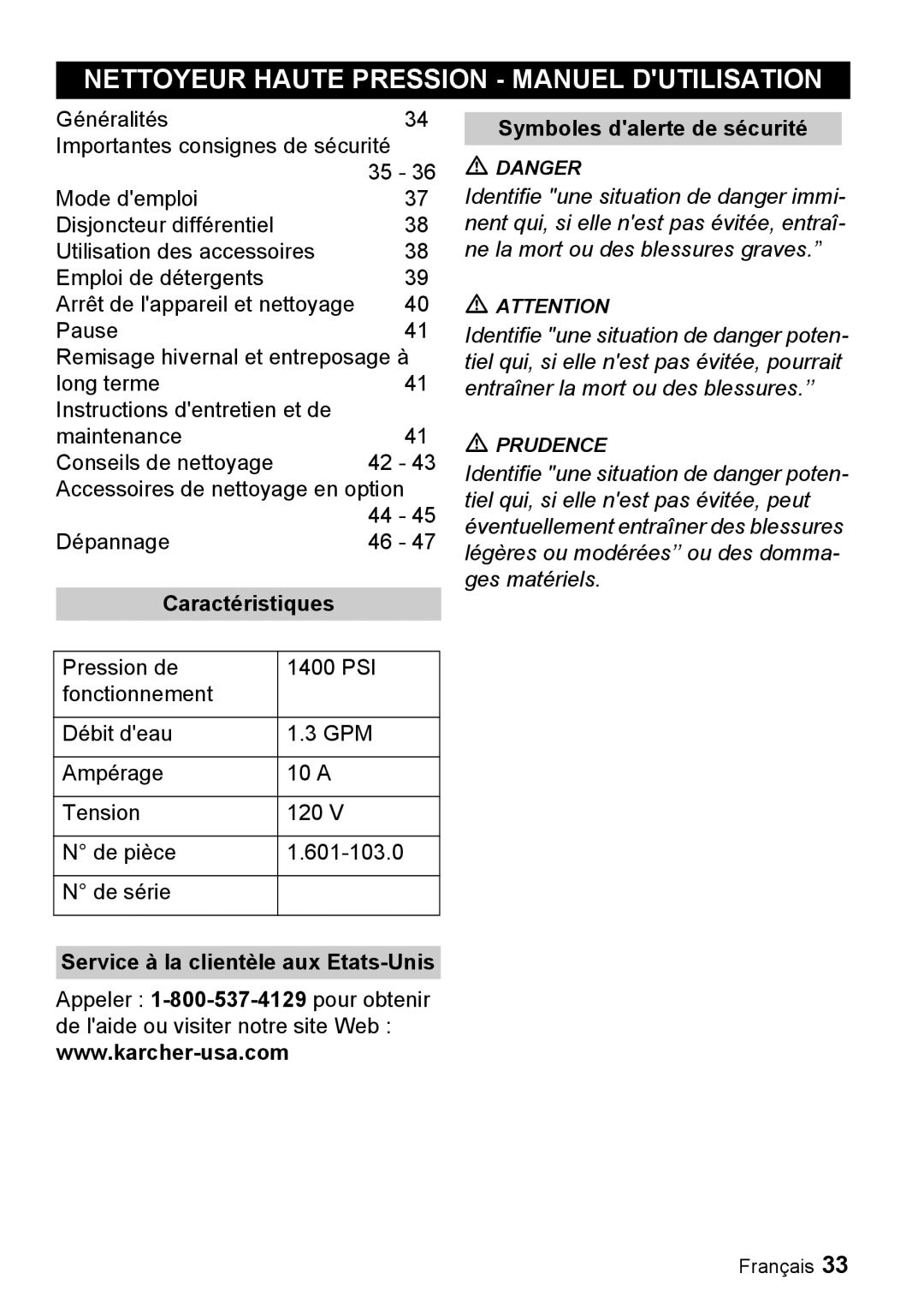 Karcher K 2.93 manual Nettoyeur Haute Pression Manuel Dutilisation, Symboles dalerte de sécurité, Caractéristiques 