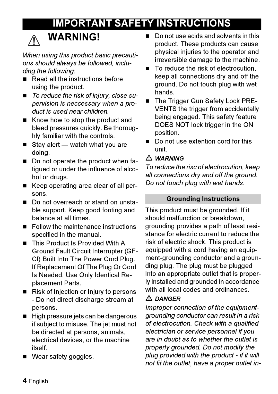 Karcher K 2.93 manual Important Safety Instructions, Grounding Instructions 