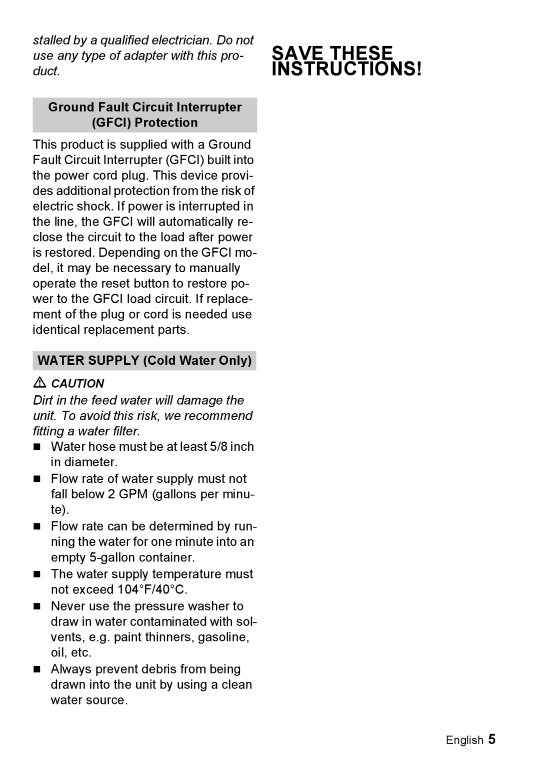 Karcher K 2.93 manual Ground Fault Circuit Interrupter Gfci Protection, Water Supply Cold Water Only 