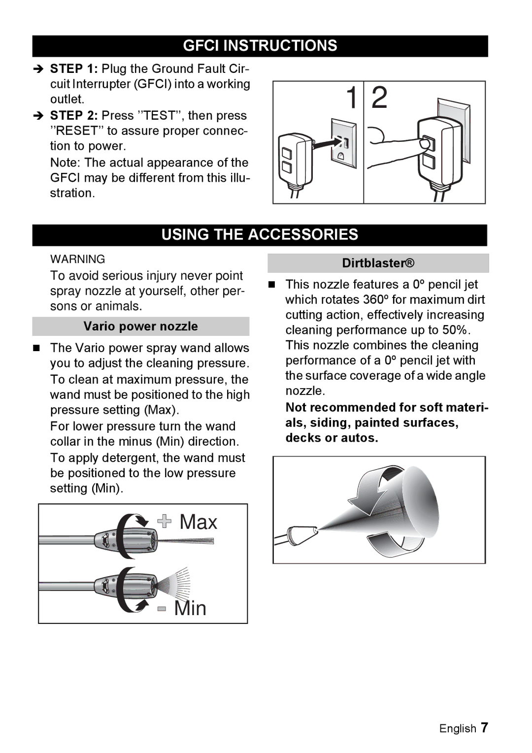 Karcher K 2.93 manual Gfci Instructions, Using the Accessories, Vario power nozzle, Dirtblaster 