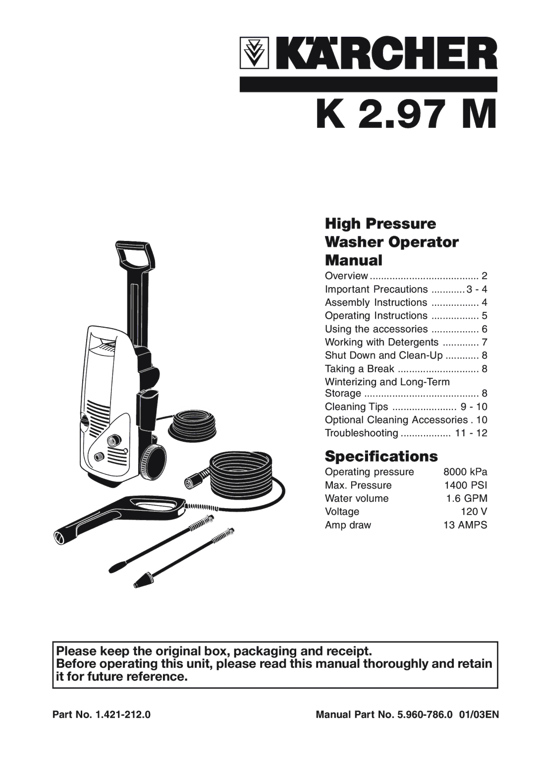 Karcher K 2.97 M specifications Manual Part No .960-786.0 01/03EN 