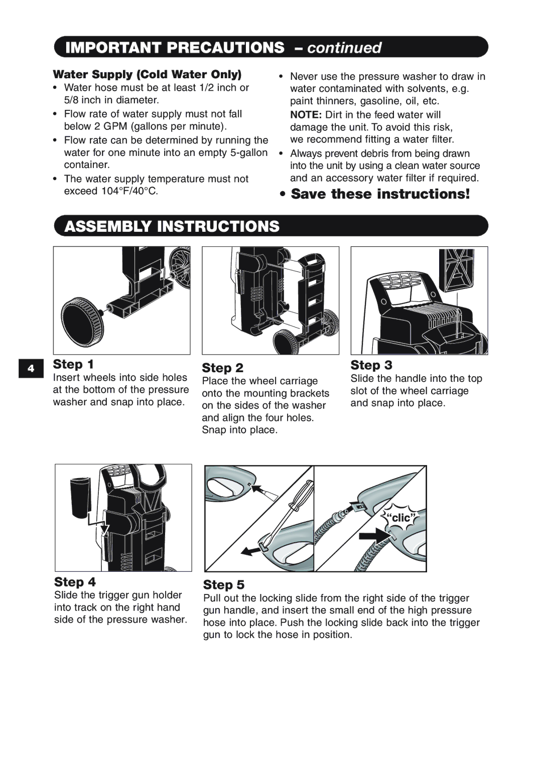 Karcher K 2.97 M specifications Important Precautions, Assembly Instructions, Water Supply Cold Water Only 