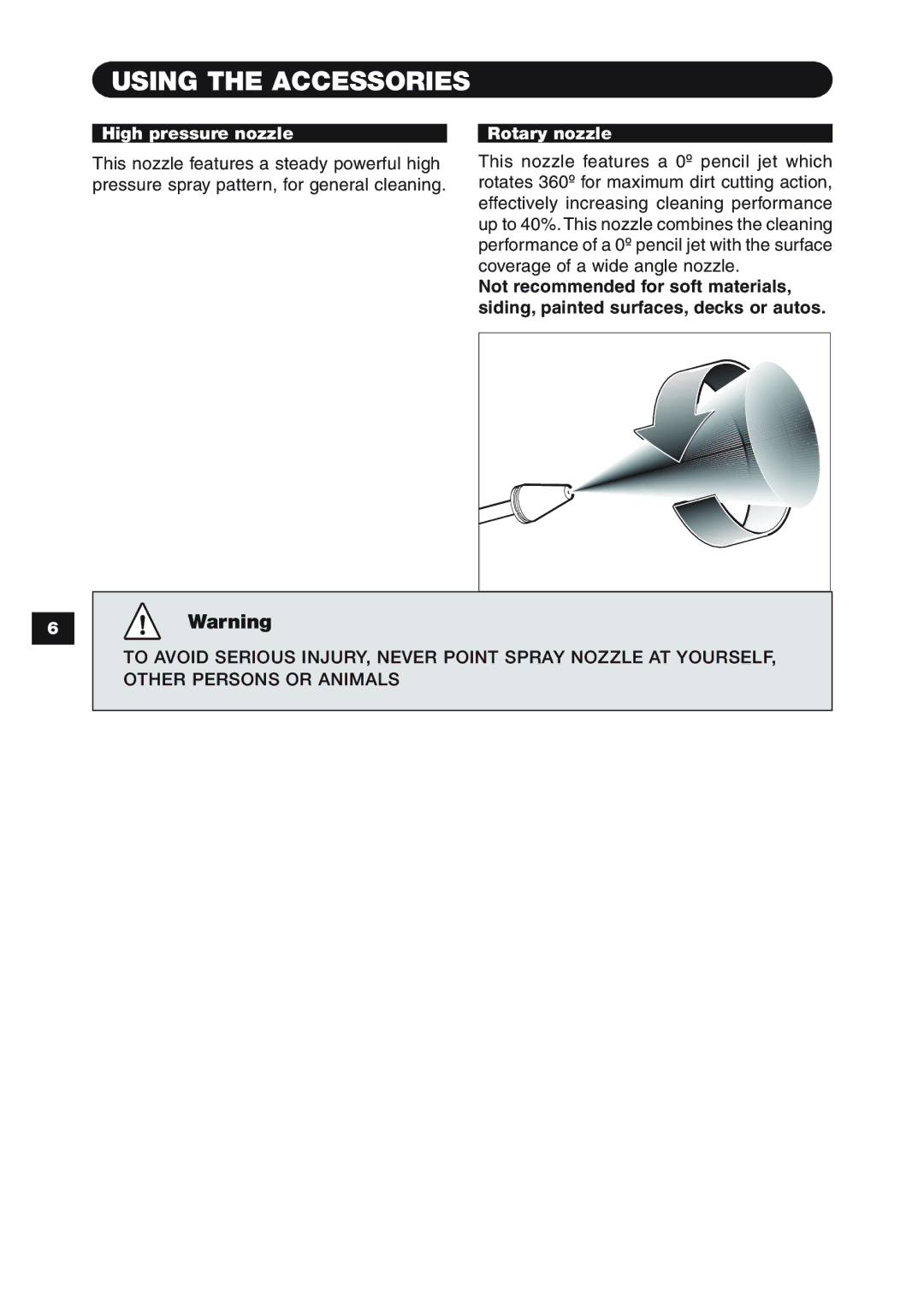 Karcher K 2.97 M specifications Using the Accessories, High pressure nozzle Rotary nozzle 