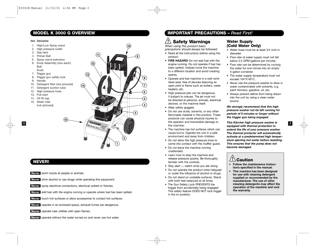 Karcher specifications Model K 3000 G Overview, Important Precautions Read First, Never, Water Supply Cold Water Only 