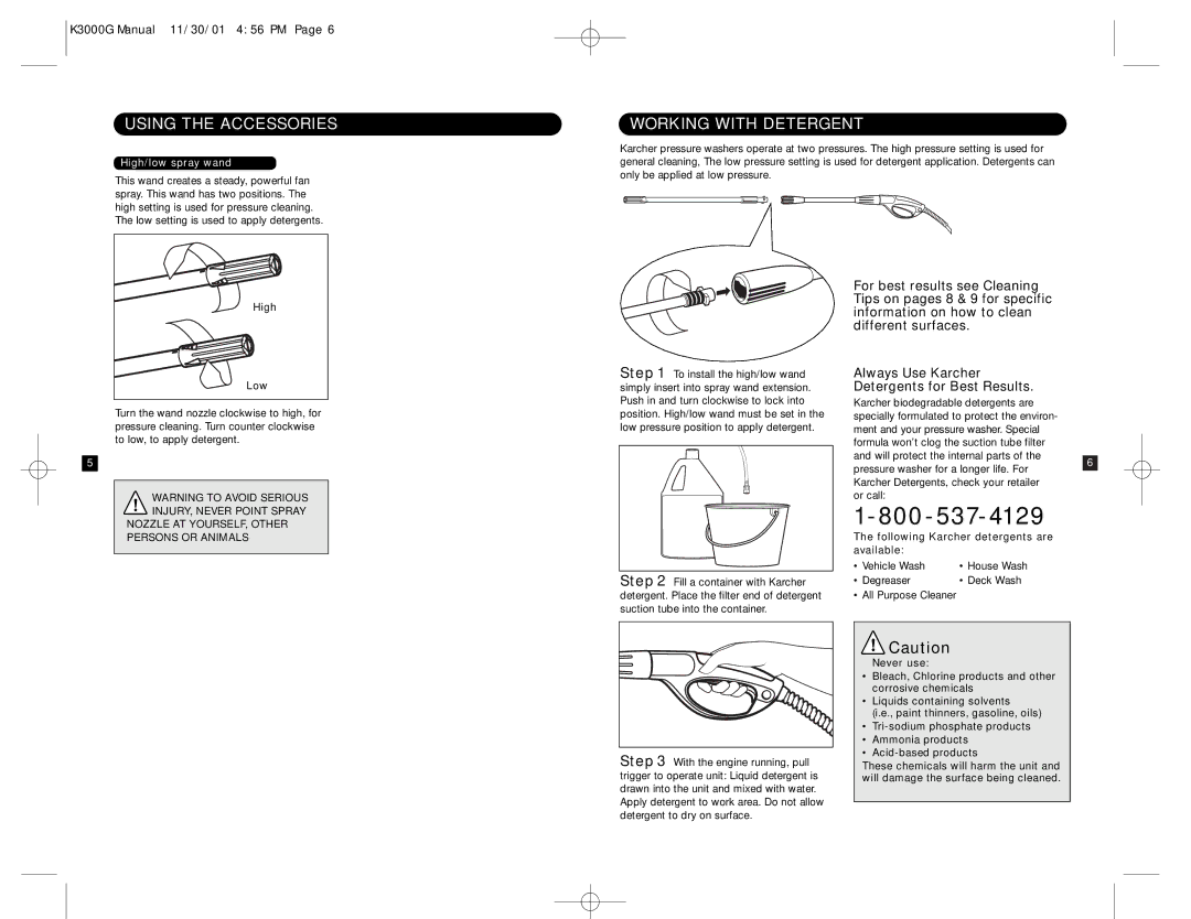 Karcher K 3000 G specifications Working with Detergent, High Low, Following Karcher detergents are Available 