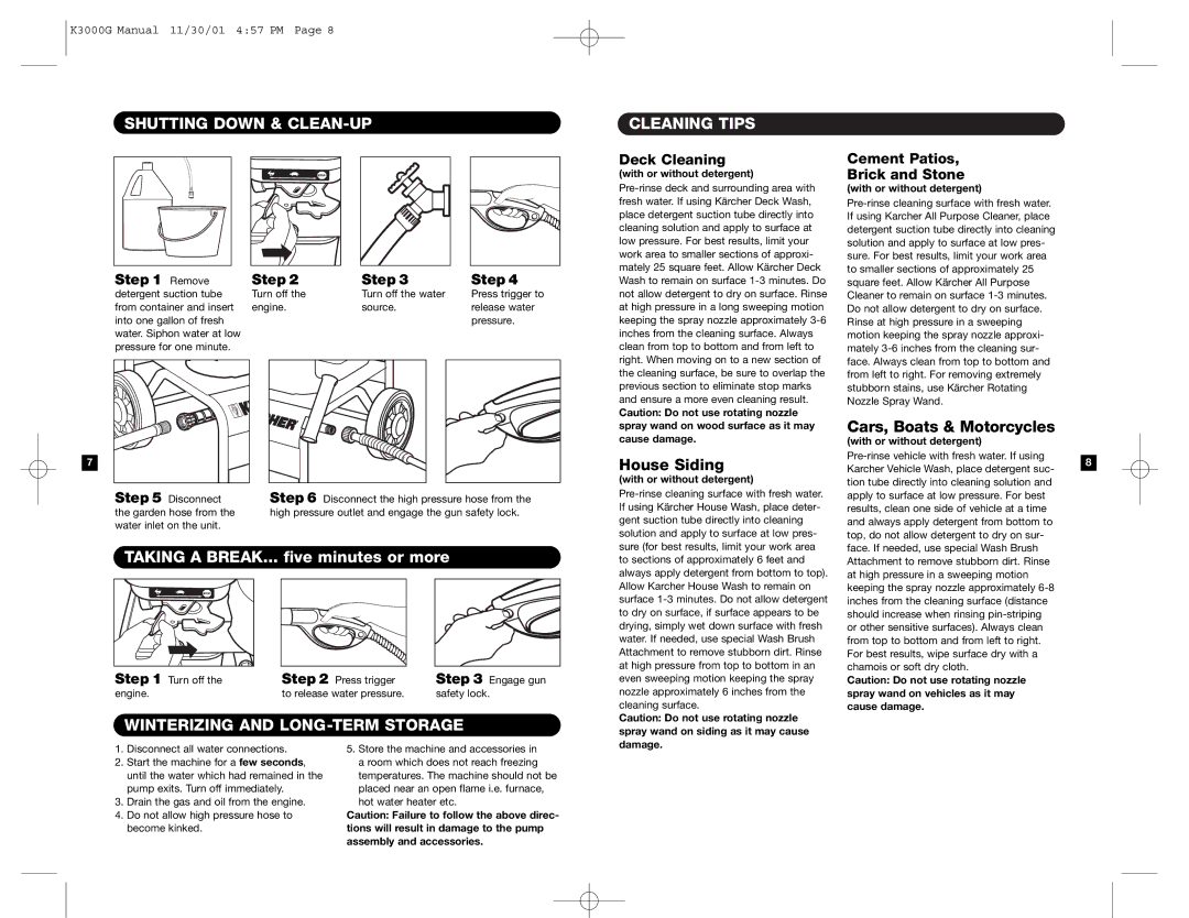 Karcher K 3000 G specifications Shutting Down & CLEAN-UP, Taking a BREAK... five minutes or more 