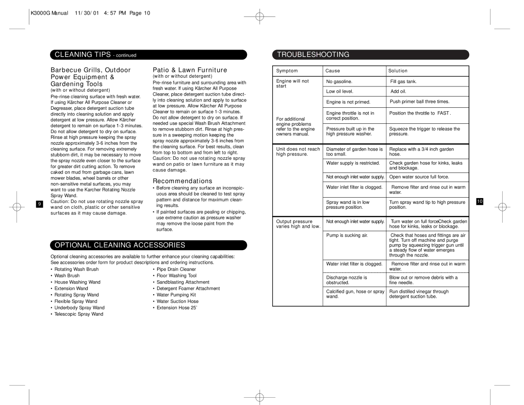 Karcher K 3000 G specifications Cleaning Tips, Troubleshooting, Optional Cleaning Accessories 
