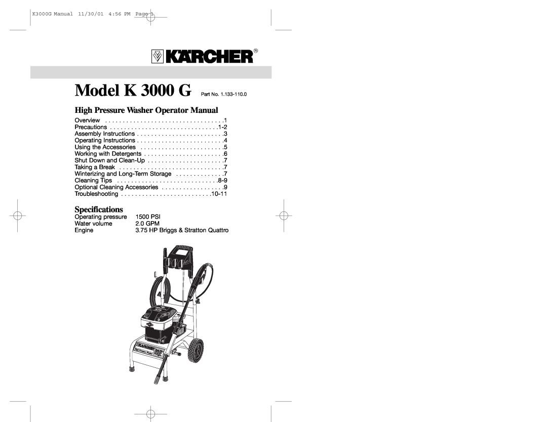 Karcher K 3000 G specifications High Pressure Washer Operator Manual, Specifications 