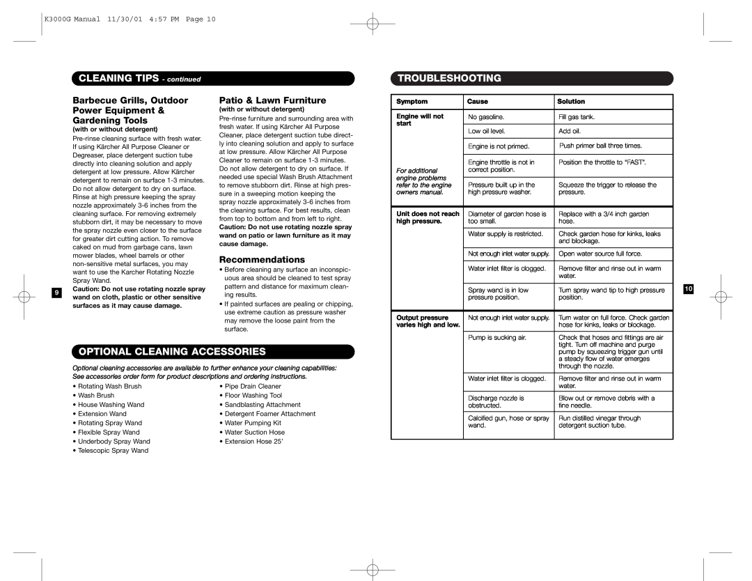 Karcher K 3000 G CLEANING TIPS - continued, Troubleshooting, Optional Cleaning Accessories, Patio & Lawn Furniture 