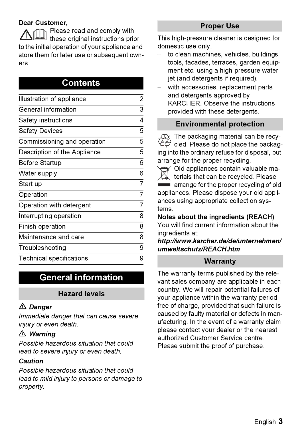 Karcher K 3.160 manual Contents, General information 