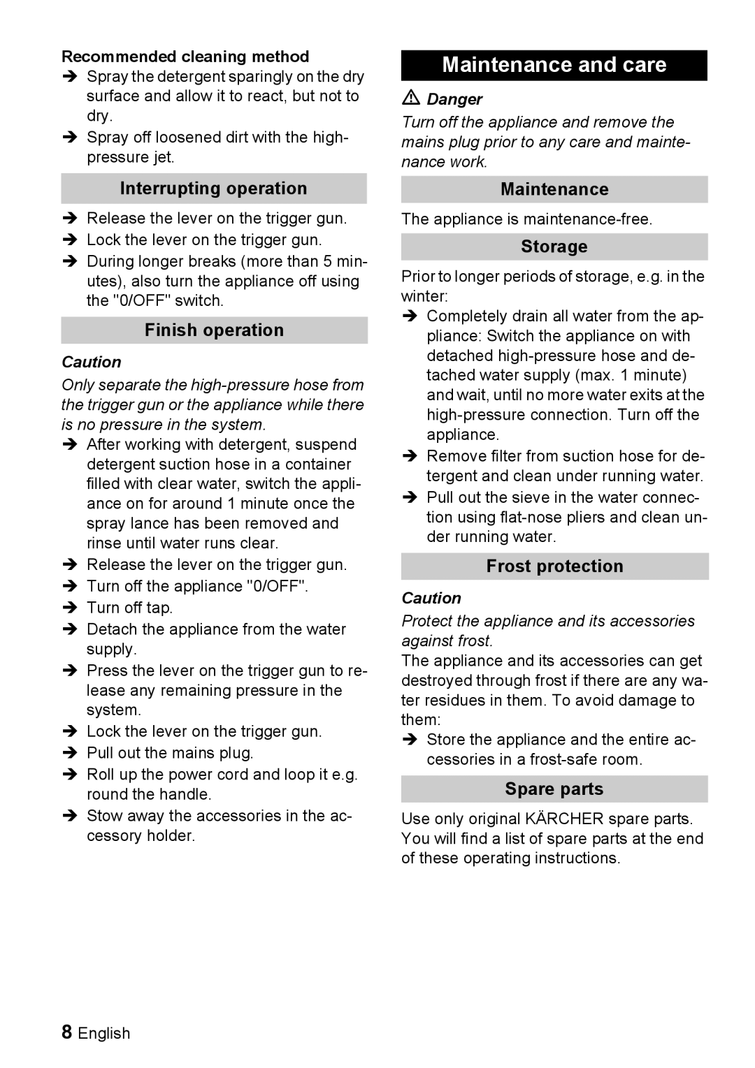 Karcher K 3.160 manual Maintenance and care 