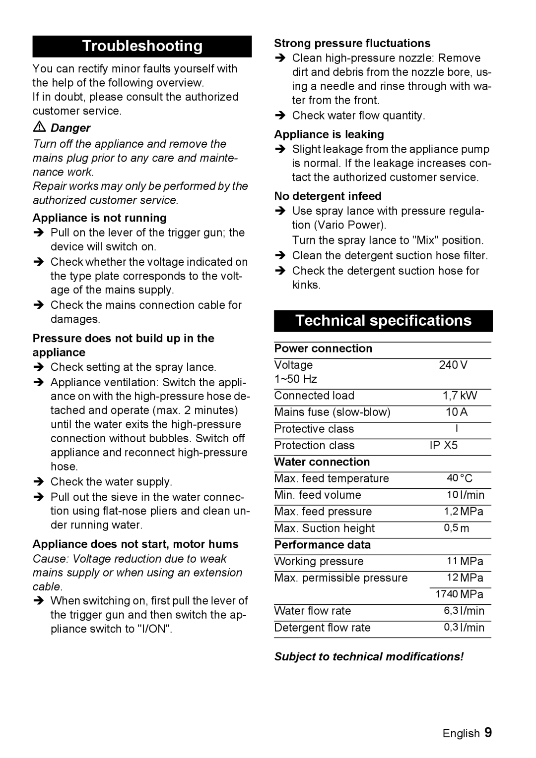 Karcher K 3.160 manual Troubleshooting, Technical specifications 