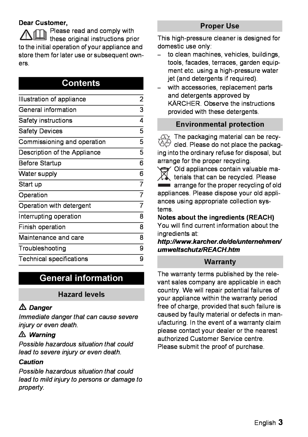 Karcher K 3.160 manual Contents, General information, Hazard levels, Proper Use, Environmental protection, Warranty, Danger 