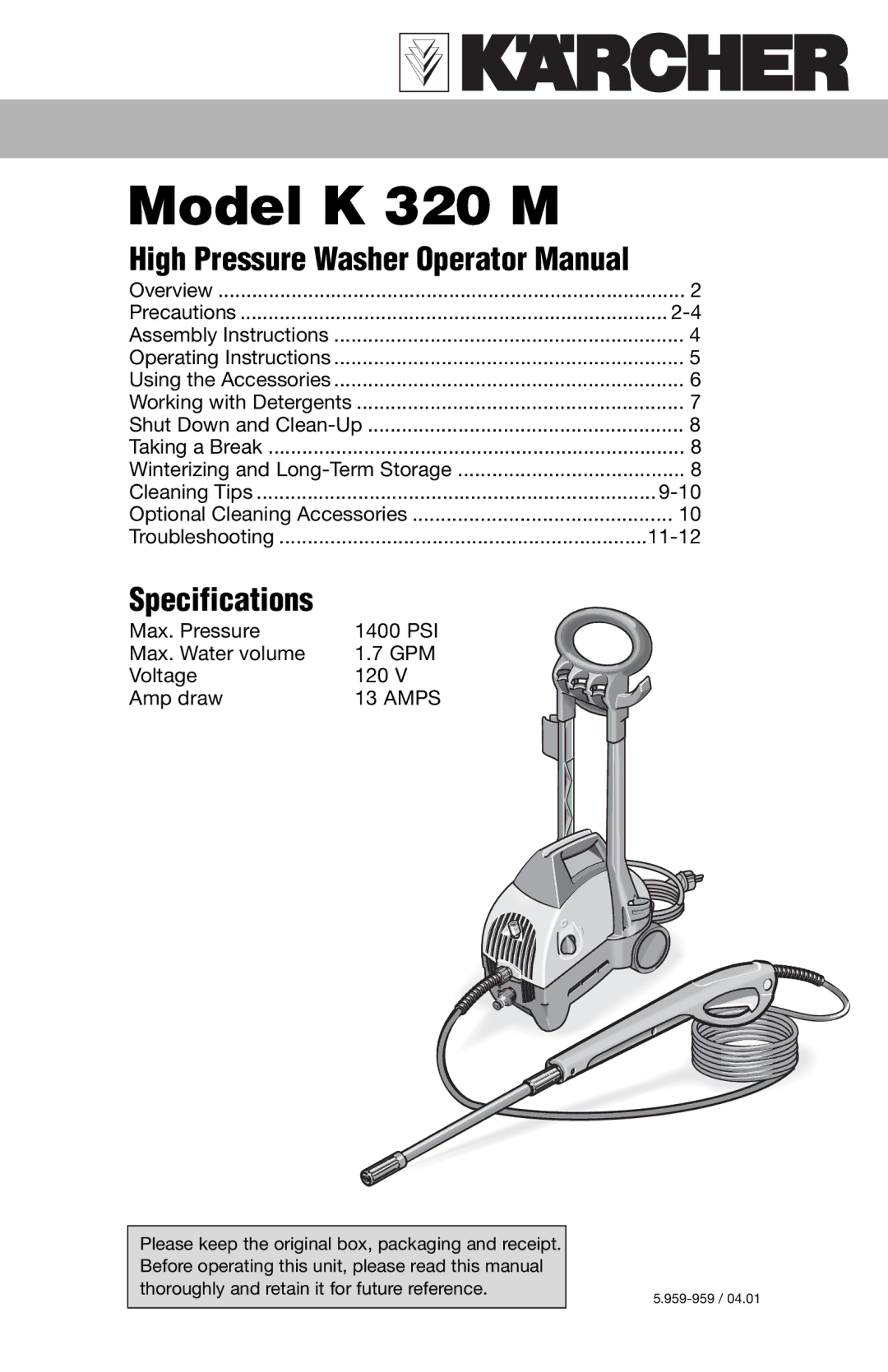 Karcher specifications Model K 320 M 