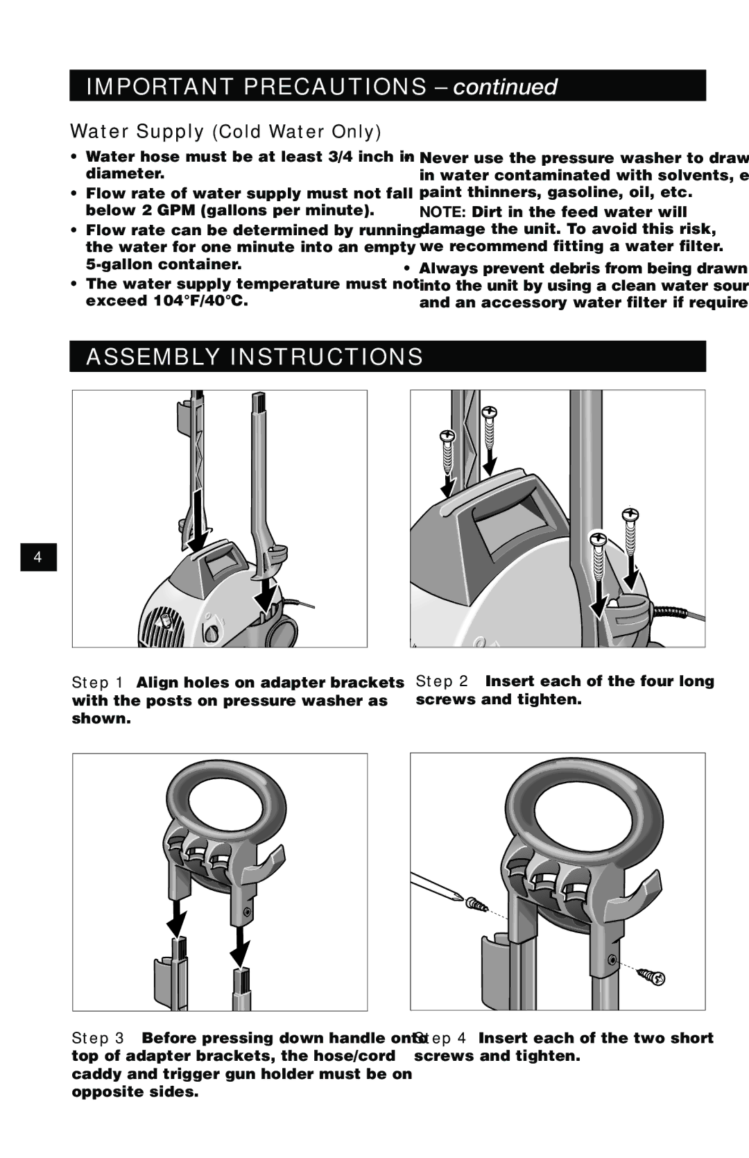 Karcher K 320 M specifications Important Precautions, Assembly Instructions, Water Supply Cold Water Only 