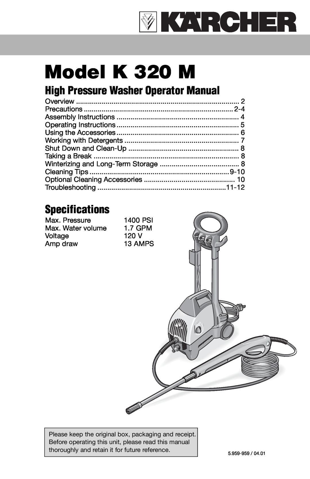 Karcher specifications High Pressure Washer Operator Manual, Model K 320 M, Specifications 