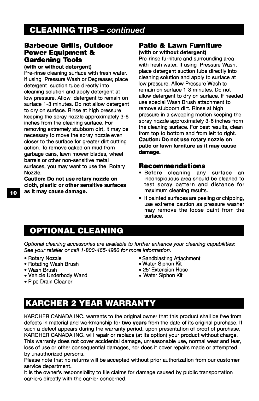 Karcher K 320 M CLEANING TIPS - continued, Optional Cleaning, KARCHER 2 YEAR WARRANTY, Patio & Lawn Furniture 