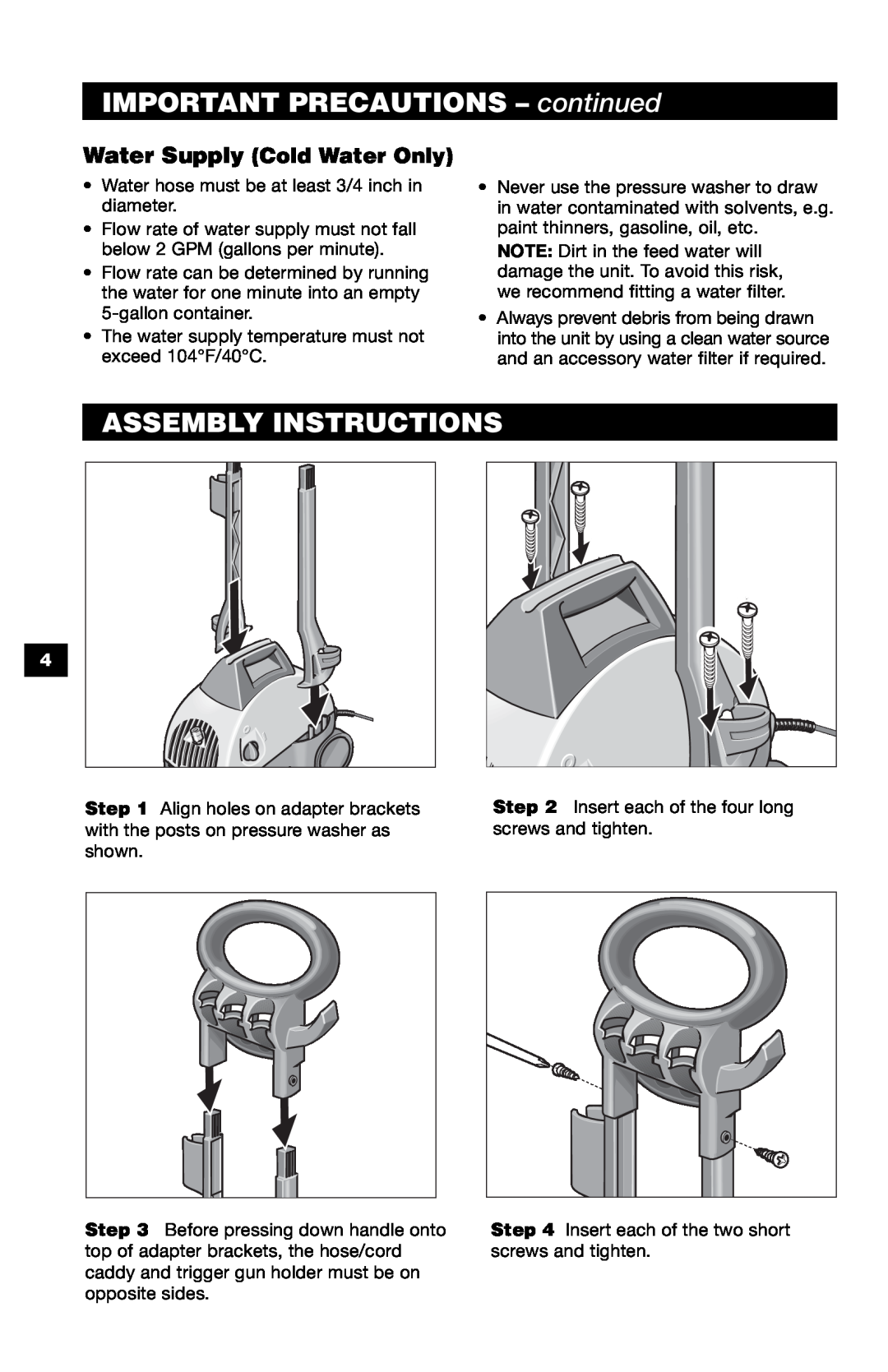 Karcher K 320 M specifications IMPORTANT PRECAUTIONS - continued, Assembly Instructions, Water Supply Cold Water Only 