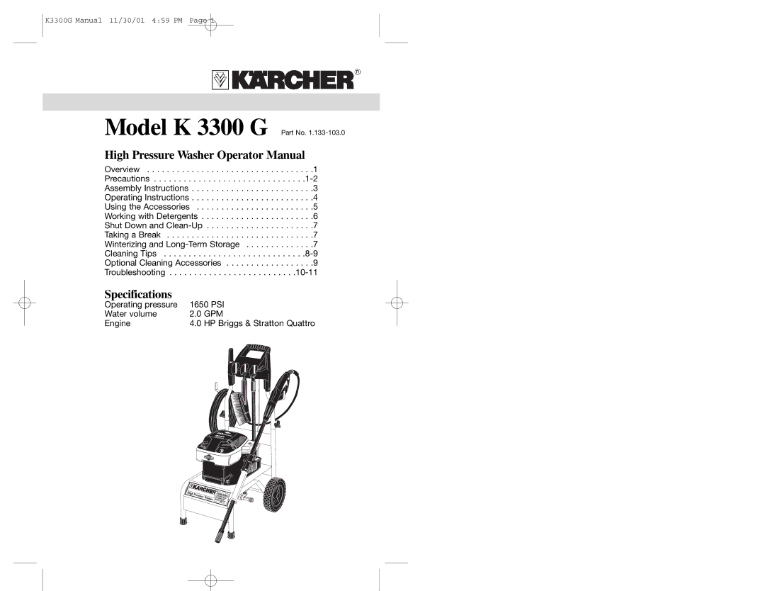 Karcher K 3300 G specifications High Pressure Washer Operator Manual 