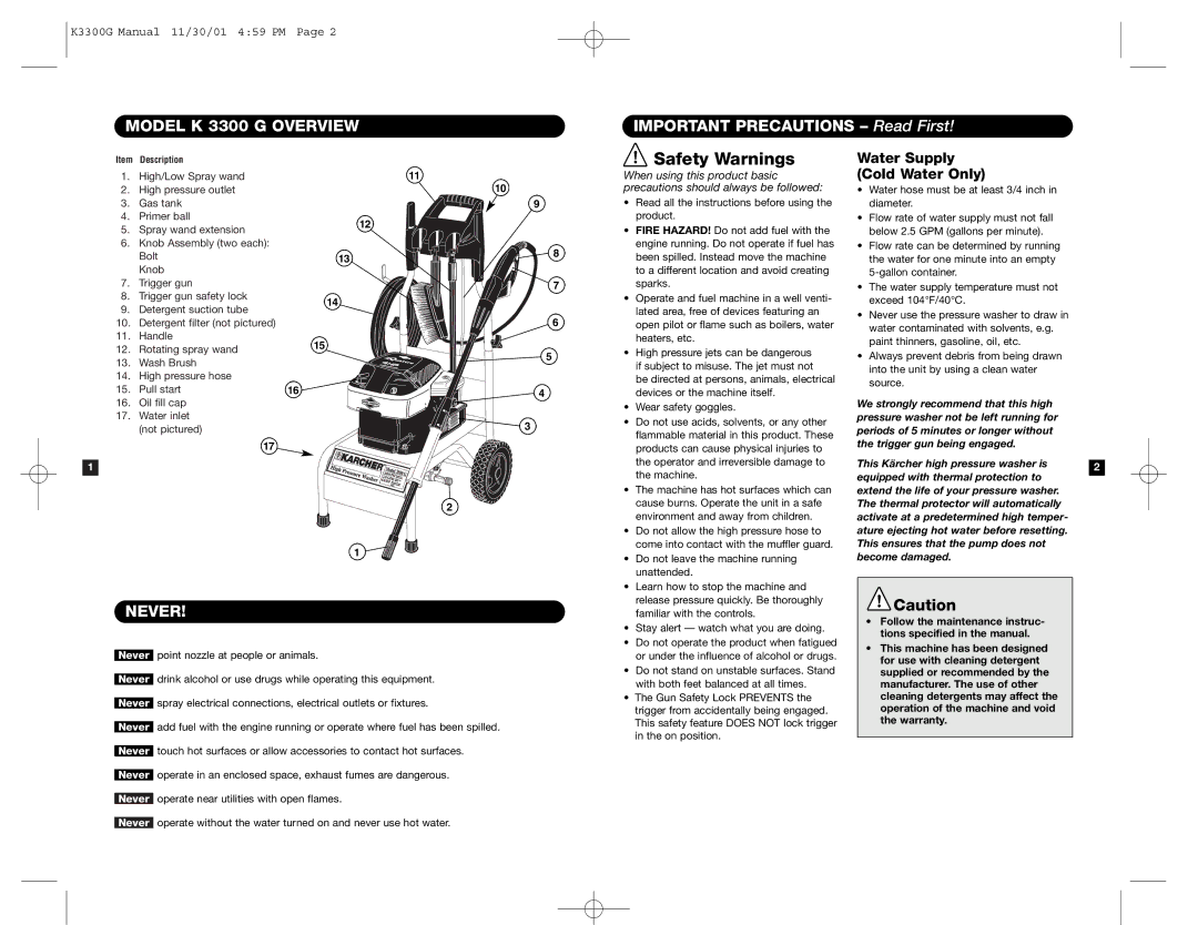 Karcher Model K 3300 G Overview, Important Precautions Read First, Never, Water Supply Cold Water Only, Pull start 