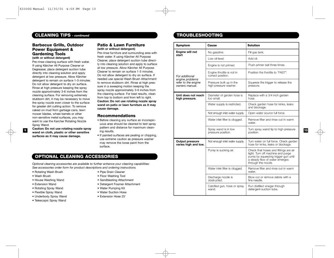 Karcher K 3300 G specifications Cleaning Tips, Troubleshooting, Optional Cleaning Accessories 