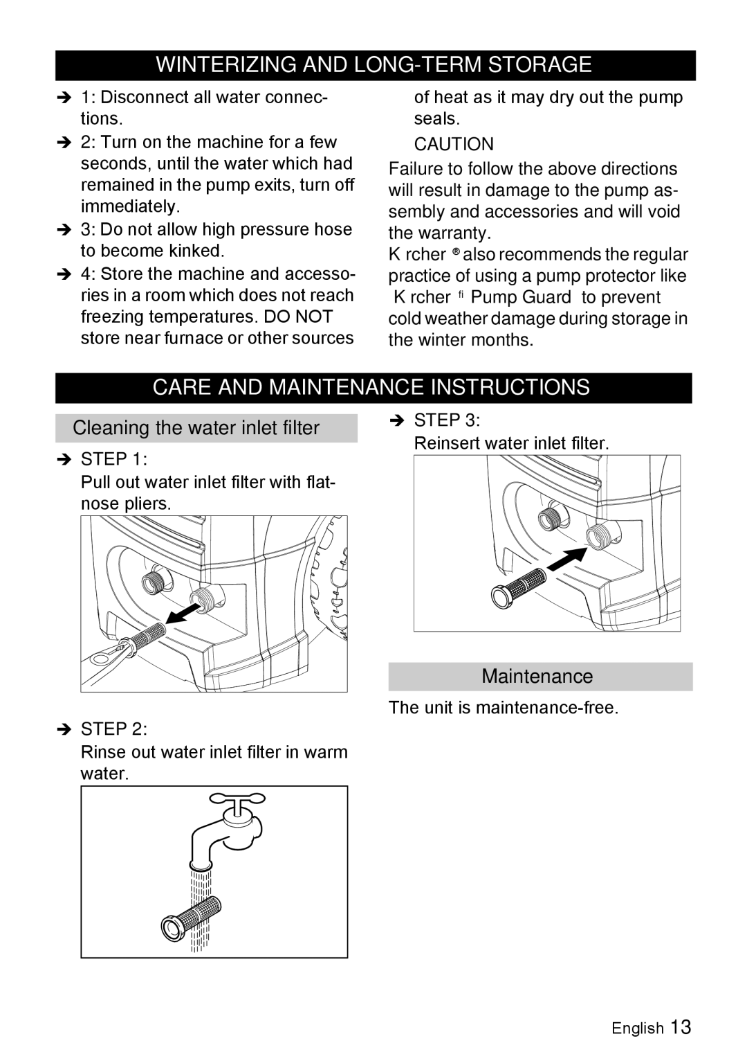 Karcher K 3.350 Winterizing and LONG-TERM Storage, Care and Maintenance Instructions, Cleaning the water inlet filter 