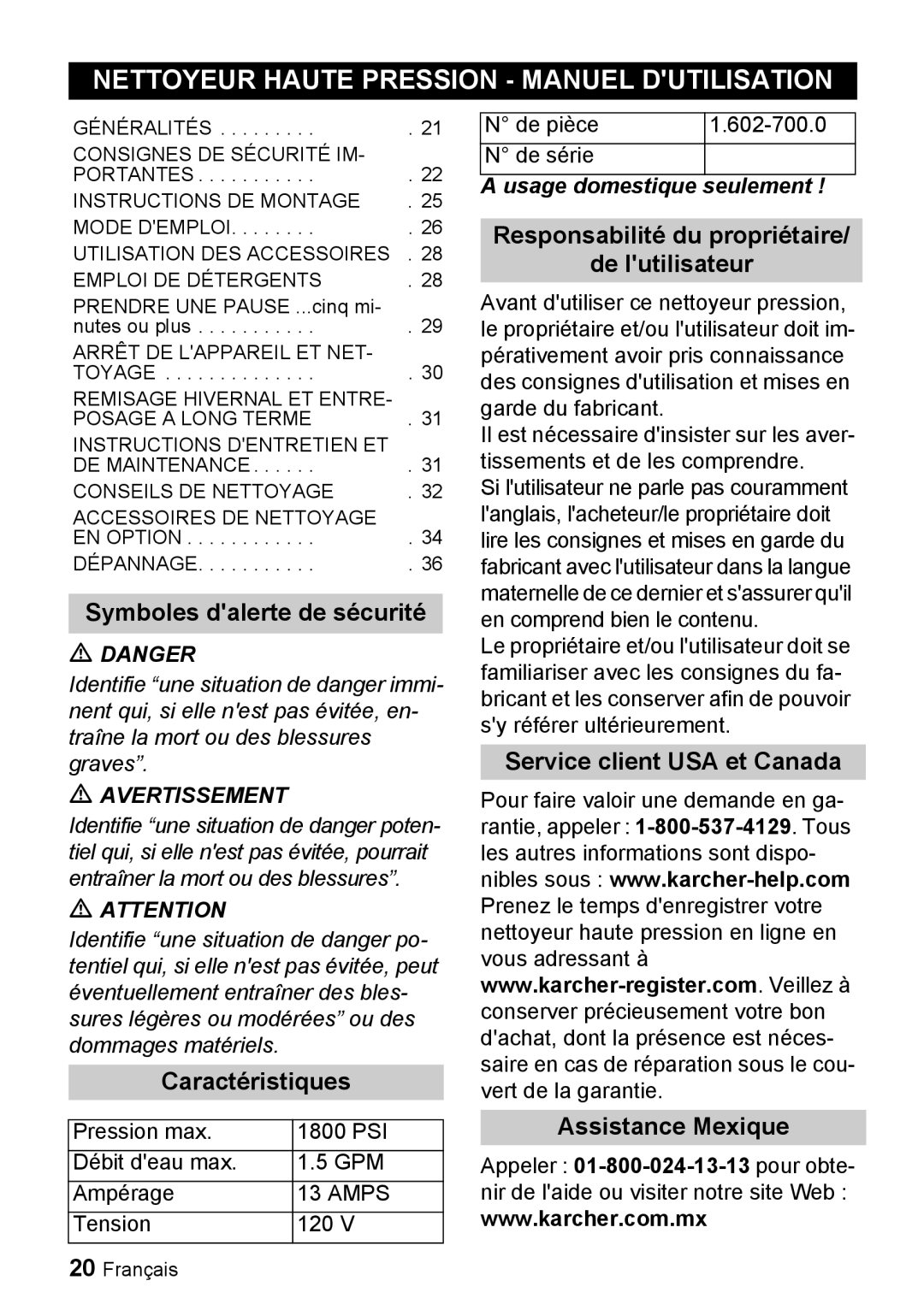 Karcher K 3.350 Nettoyeur Haute Pression Manuel Dutilisation, Symboles dalerte de sécurité, Caractéristiques 