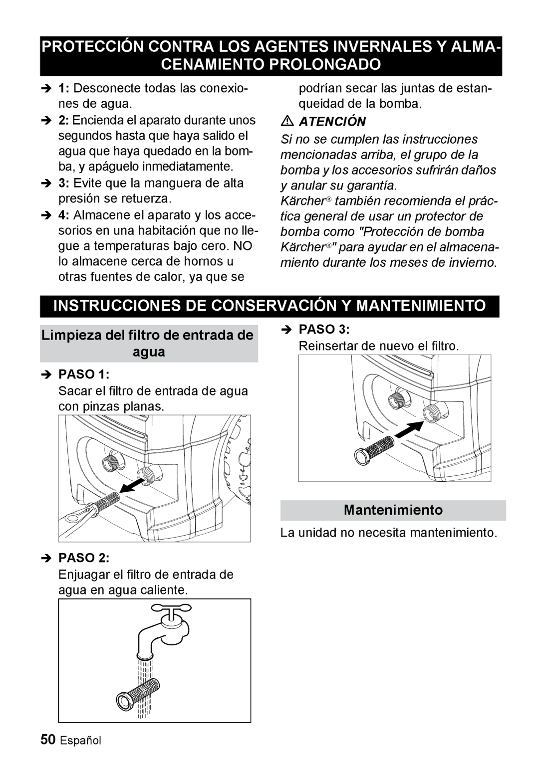 Karcher K 3.350 manuel dutilisation Instrucciones DE Conservación Y Mantenimiento, Limpieza del filtro de entrada de Agua 