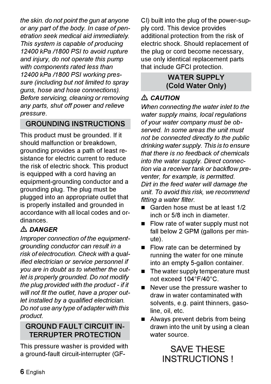 Karcher K 3.350 manuel dutilisation Grounding Instructions, Water Supply Cold Water Only 