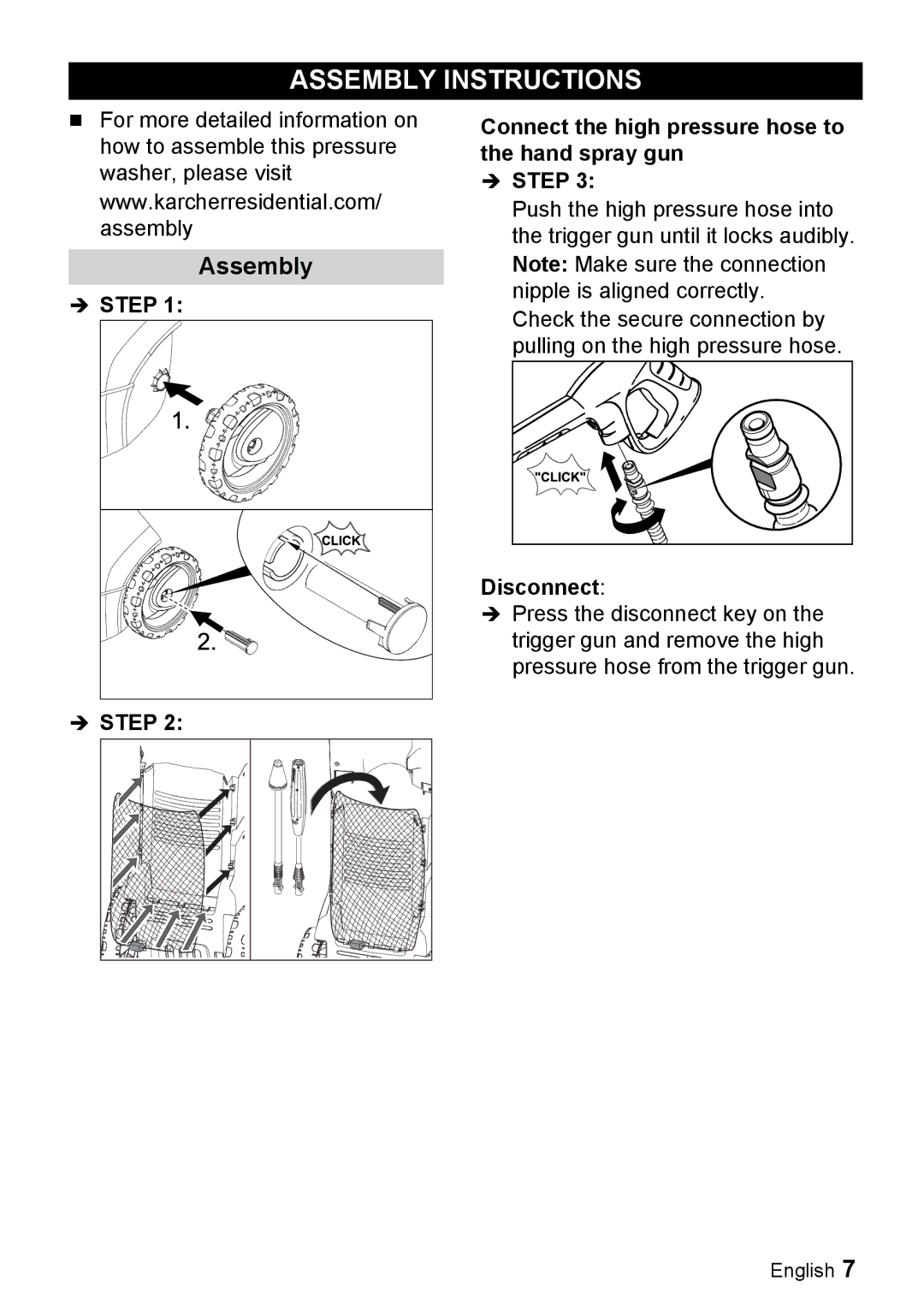 Karcher K 3.350 Assembly Instructions, Connect the high pressure hose to the hand spray gun  Step, Disconnect 