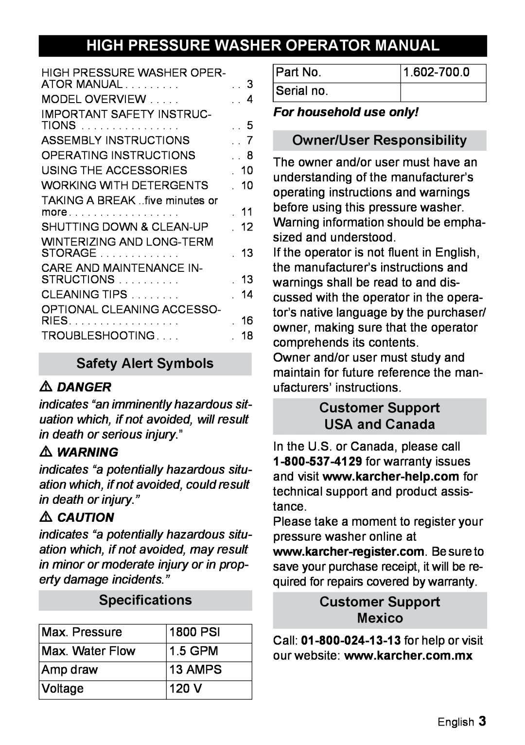 Karcher K 3.350 High Pressure Washer Operator Manual, Safety Alert Symbols, Specifications, Owner/User Responsibility 