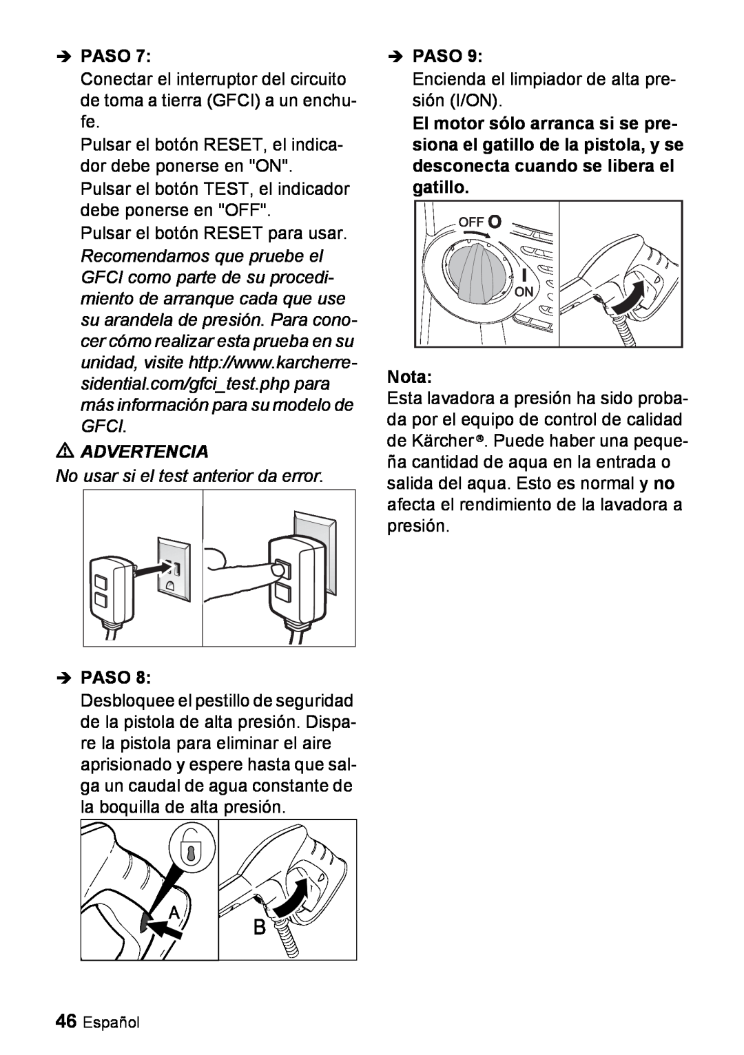 Karcher K 3.350 manuel dutilisation Nota,  Paso, Advertencia, No usar si el test anterior da error 