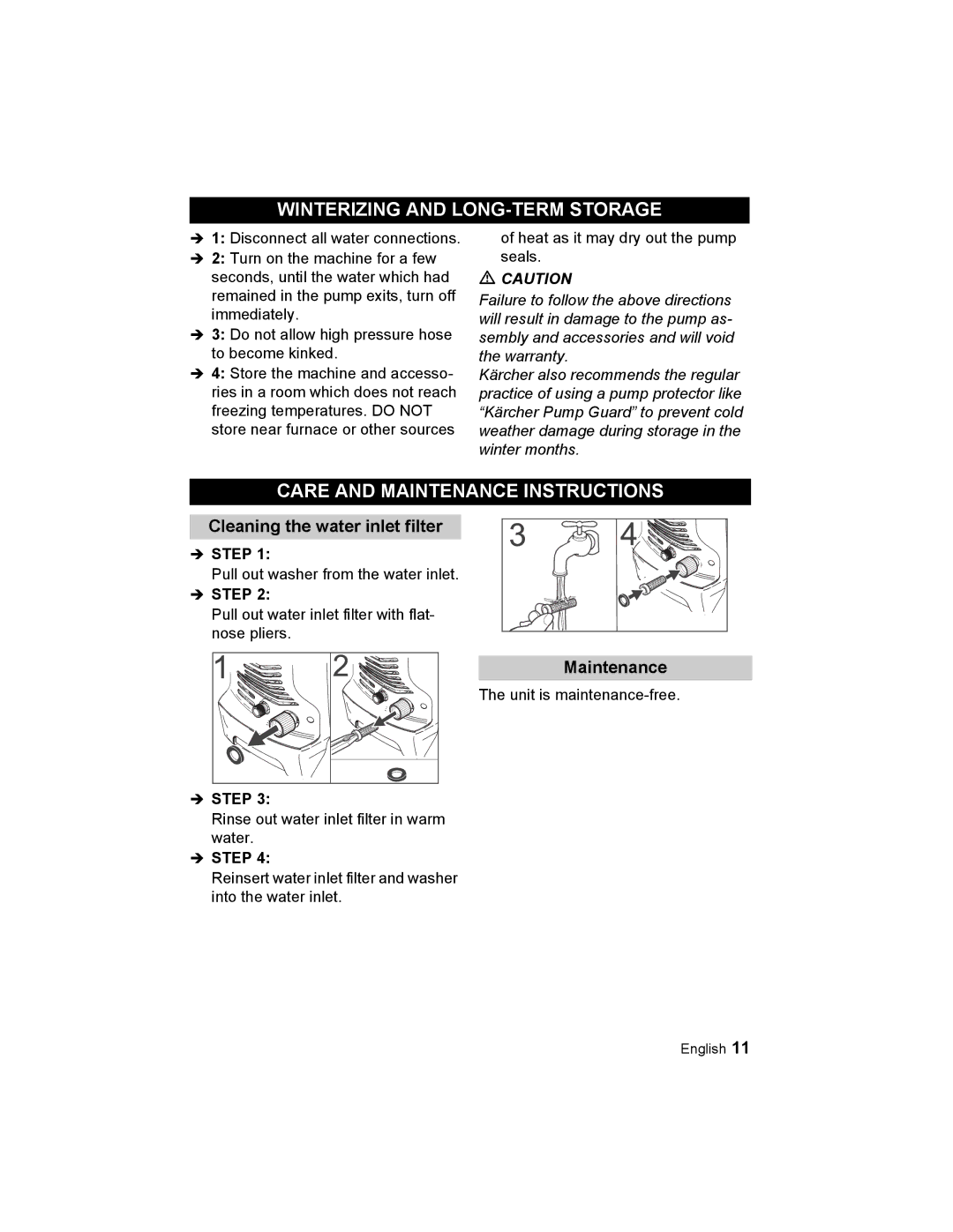 Karcher K 3.48 M Winterizing and LONG-TERM Storage, Care and Maintenance Instructions, Cleaning the water inlet filter 