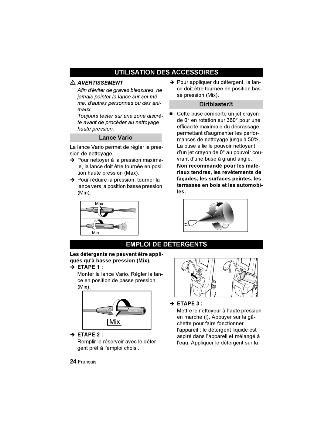 Karcher K 3.48 M manual Utilisation DES Accessoires, Emploi DE Détergents, Lance Vario 