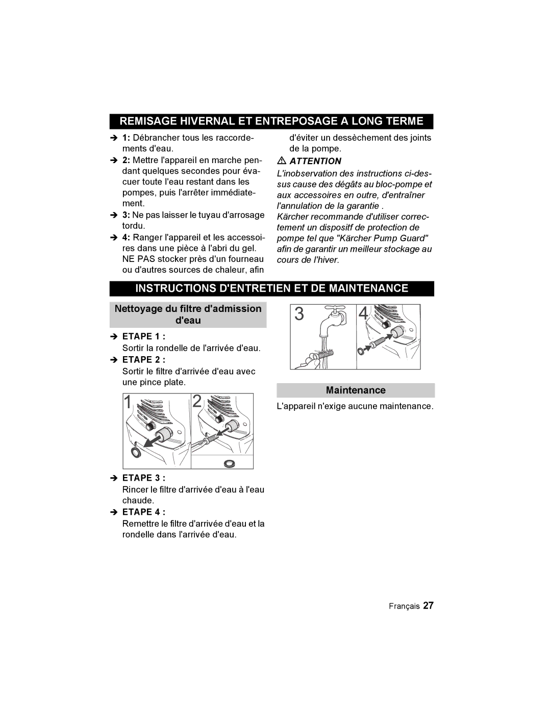 Karcher K 3.48 M manual Remisage Hivernal ET Entreposage a Long Terme, Instructions Dentretien ET DE Maintenance 