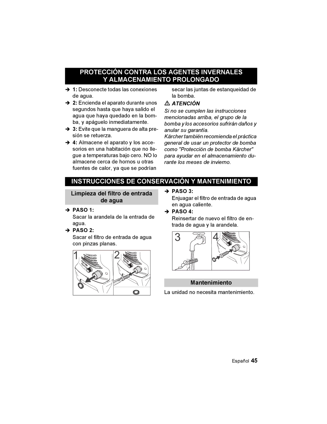 Karcher K 3.48 M manual Instrucciones DE Conservación Y Mantenimiento, Limpieza del filtro de entrada De agua 