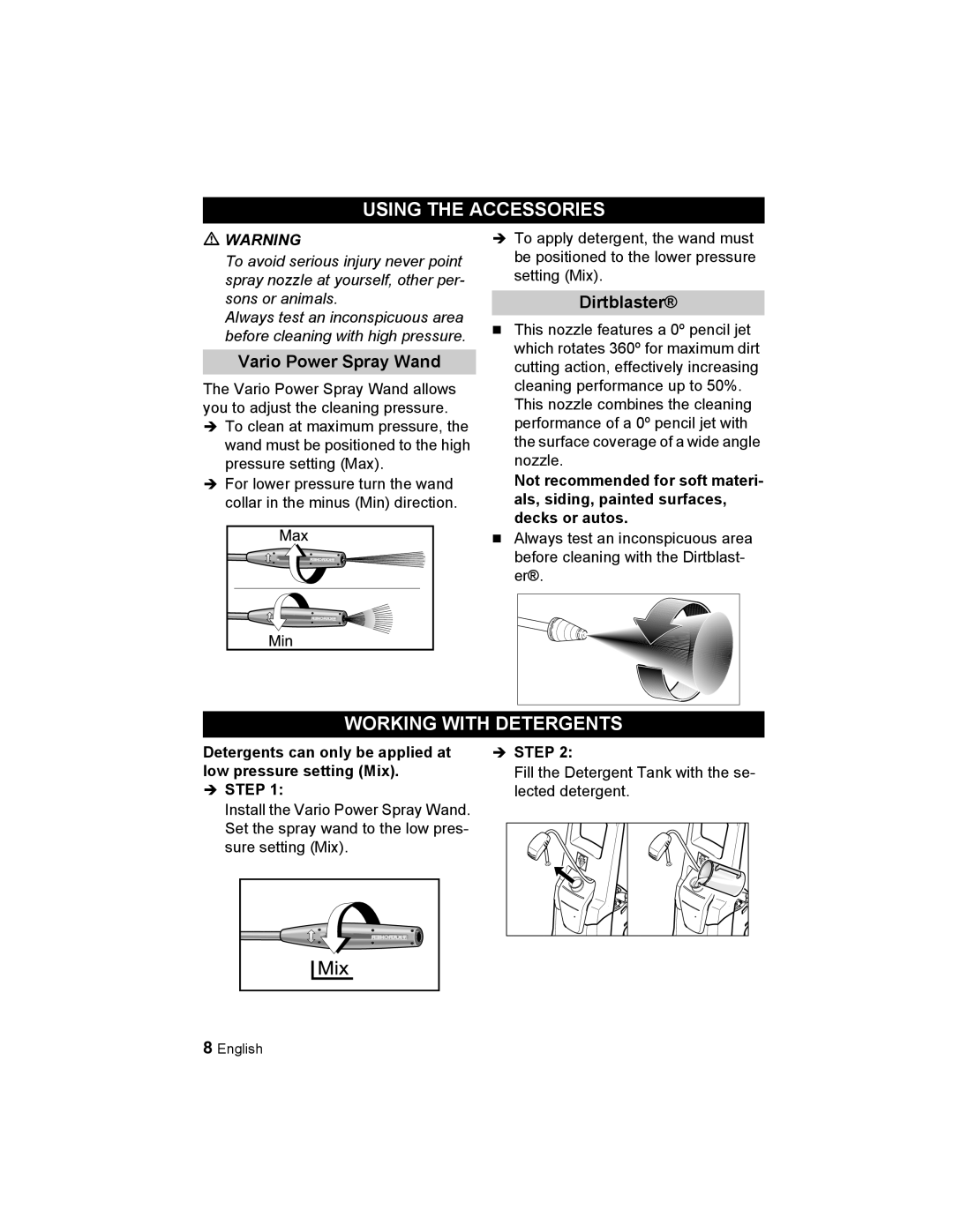 Karcher K 3.48 M manual Using the Accessories, Working with Detergents, Vario Power Spray Wand, Dirtblaster 