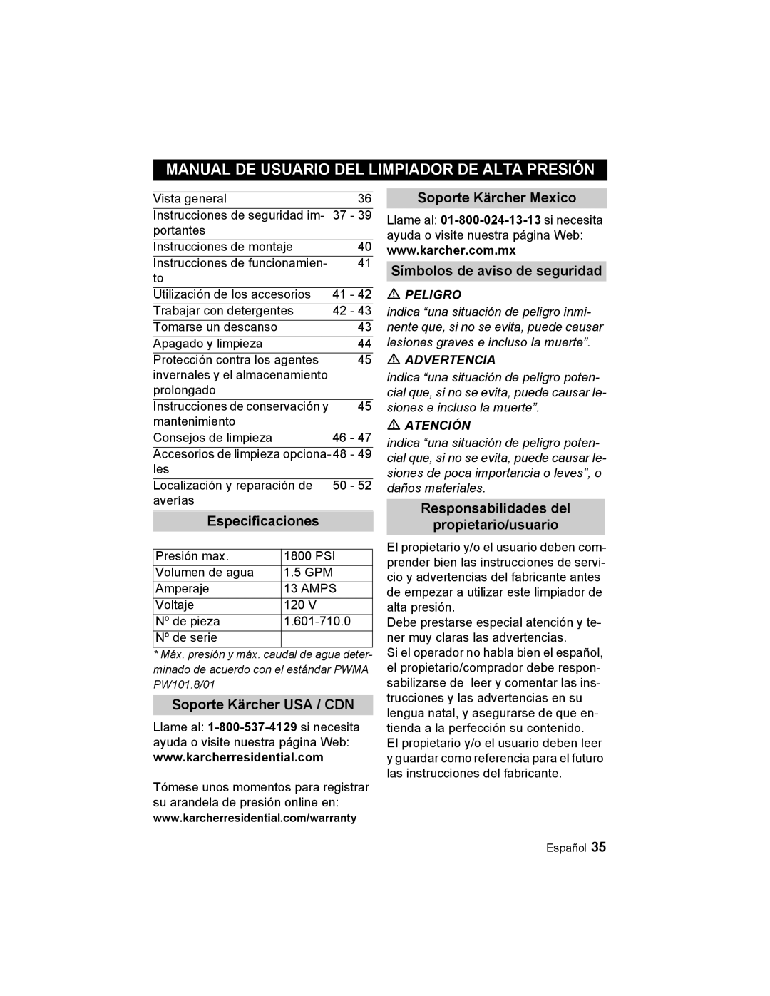Karcher K 3.48 M Manual De Usuario Del Limpiador De Alta Presión, Especificaciones, Soporte Kärcher USA / CDN, Peligro 