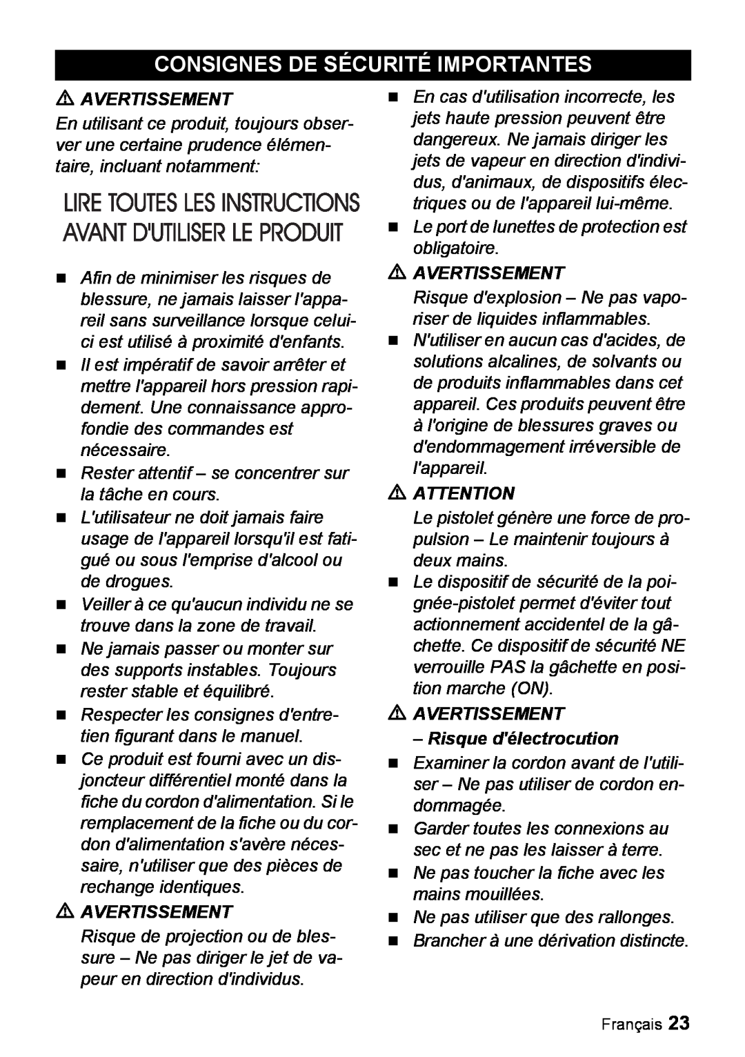 Karcher K 3.540 manuel dutilisation Consignes De Sécurité Importantes, Avertissement, AVERTISSEMENT - Risque délectrocution 