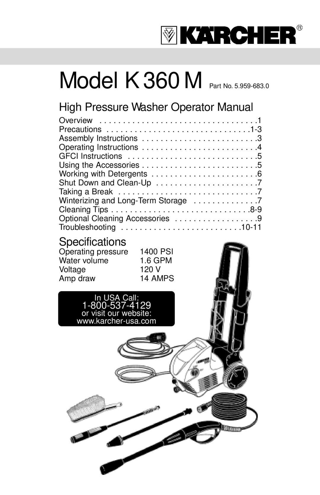 Karcher K 360 M specifications High Pressure Washer Operator Manual 