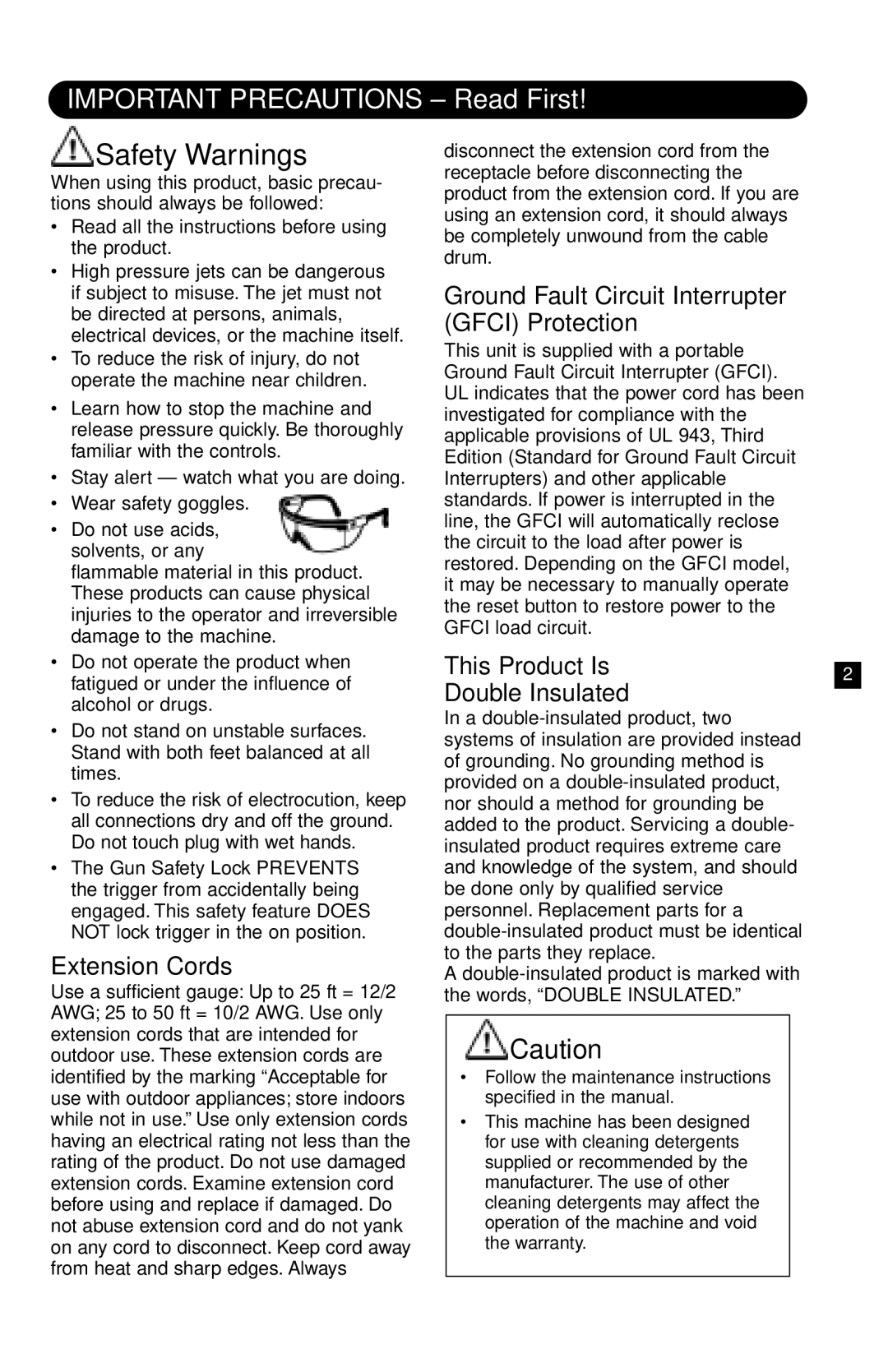 Karcher K 360 M Important Precautions Read First, Extension Cords, Ground Fault Circuit Interrupter Gfci Protection 