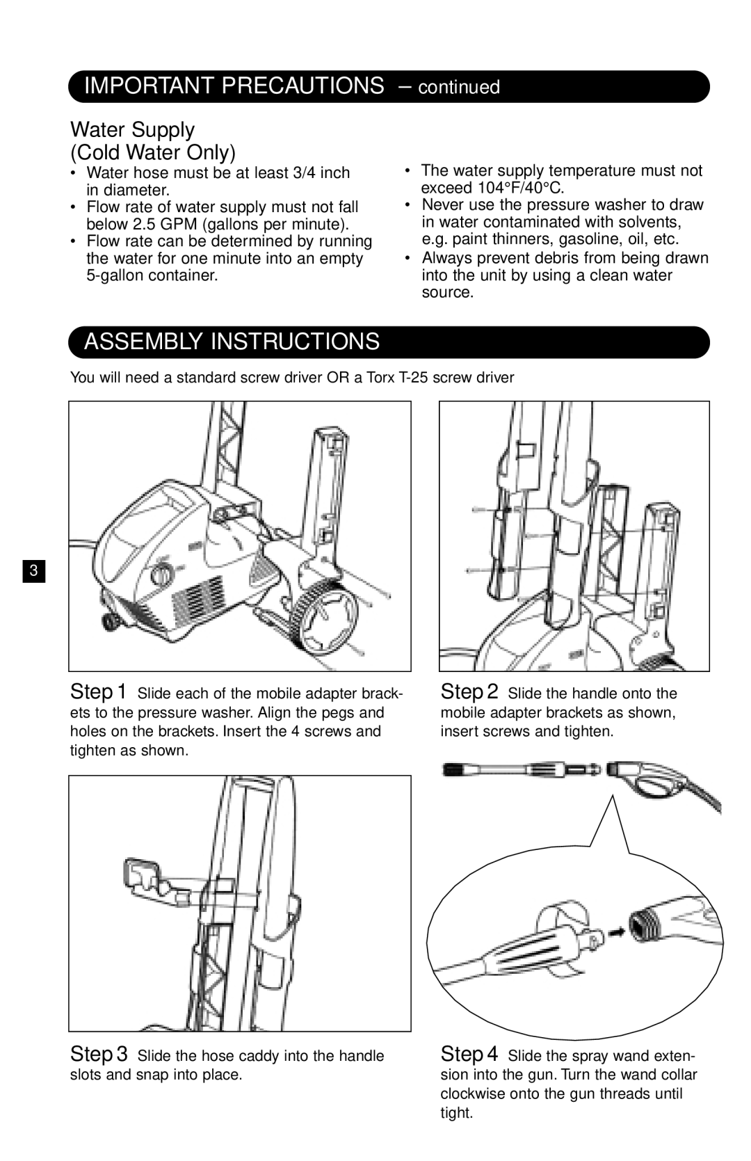 Karcher K 360 M specifications Important Precautions, Assembly Instructions, Water Supply Cold Water Only 