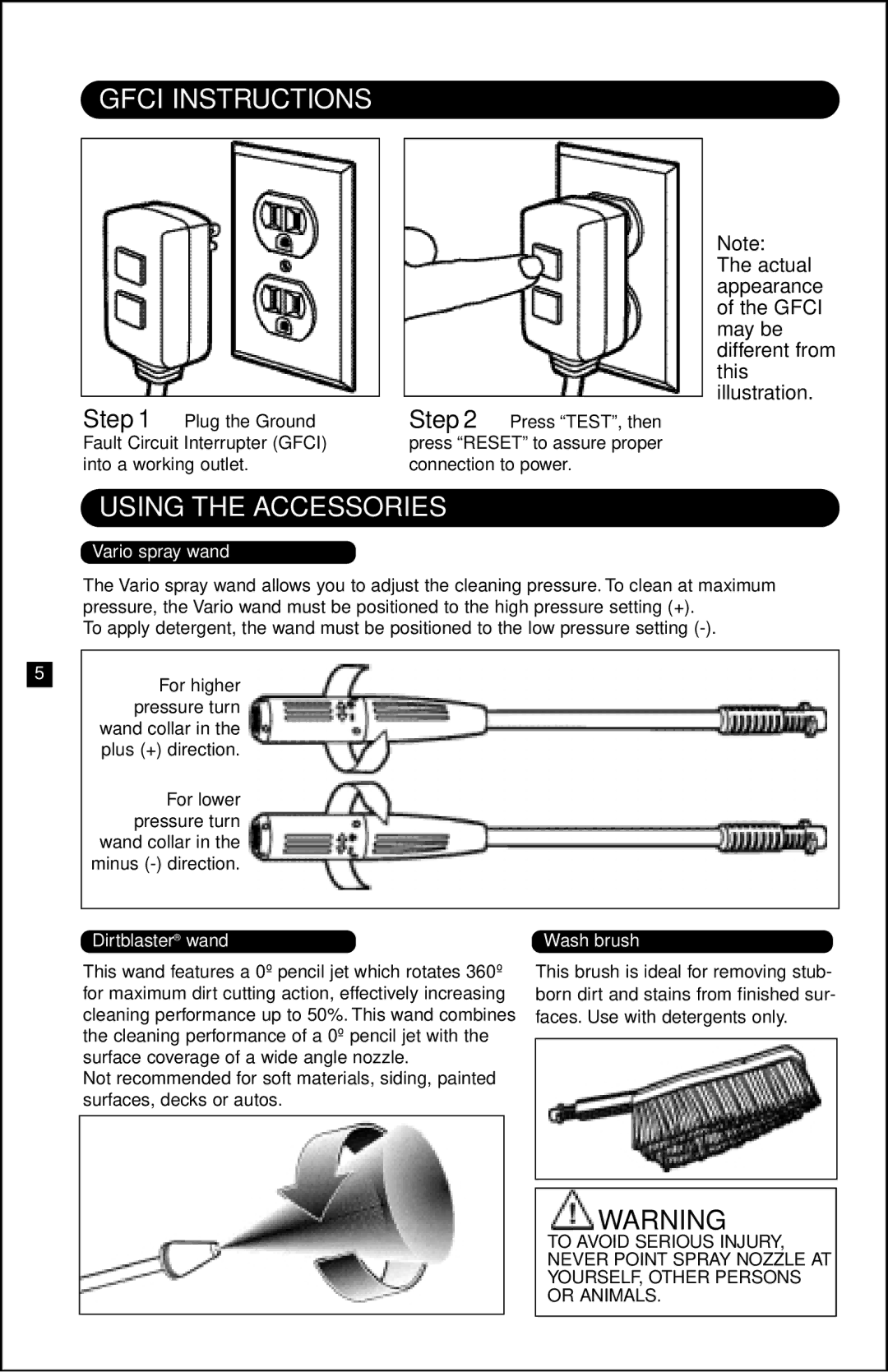 Karcher K 360 M specifications Gfci Instructions, Using the Accessories 