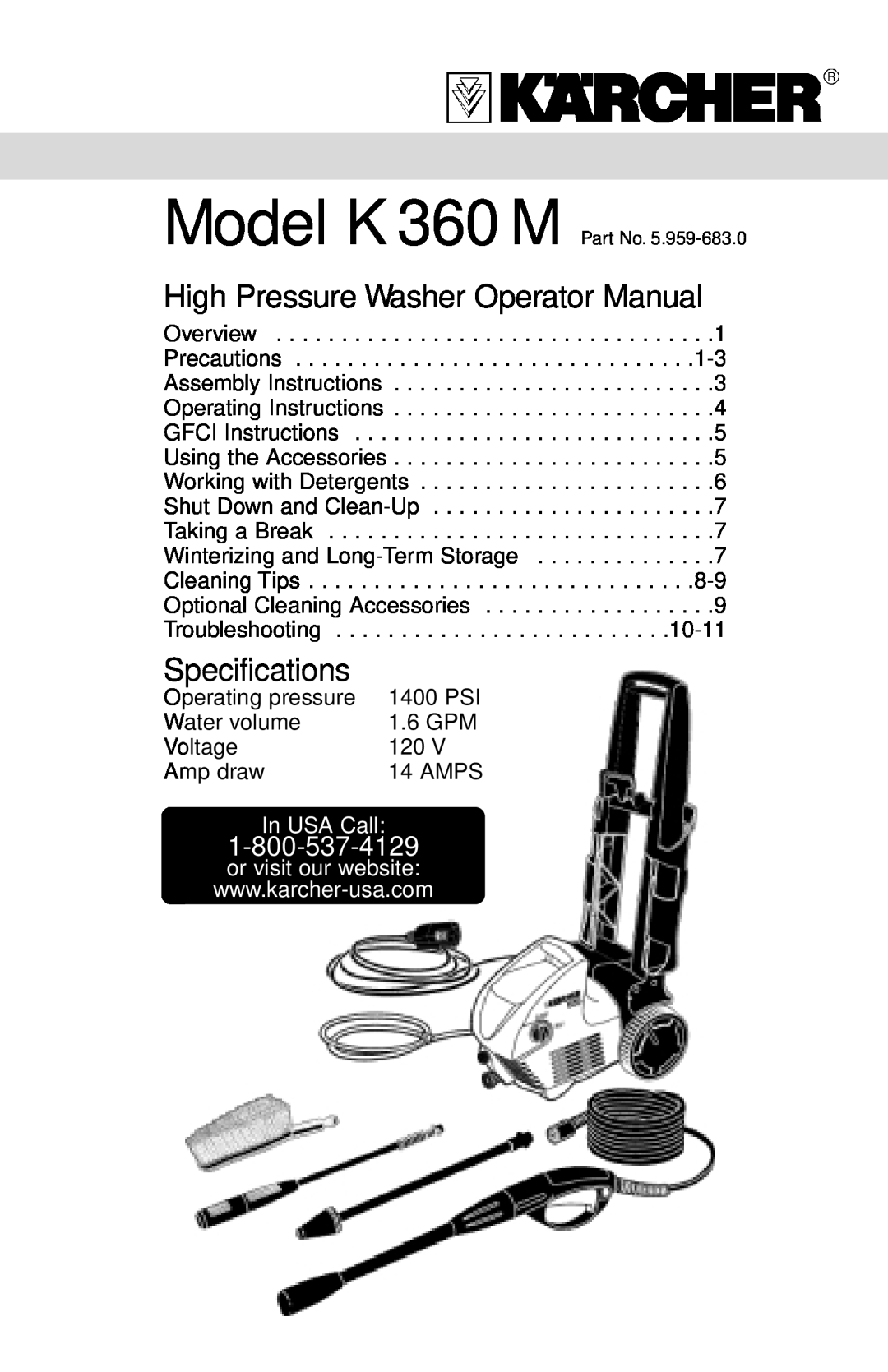 Karcher K 360 M specifications In USA Call, High Pressure Washer Operator Manual, Specifications 