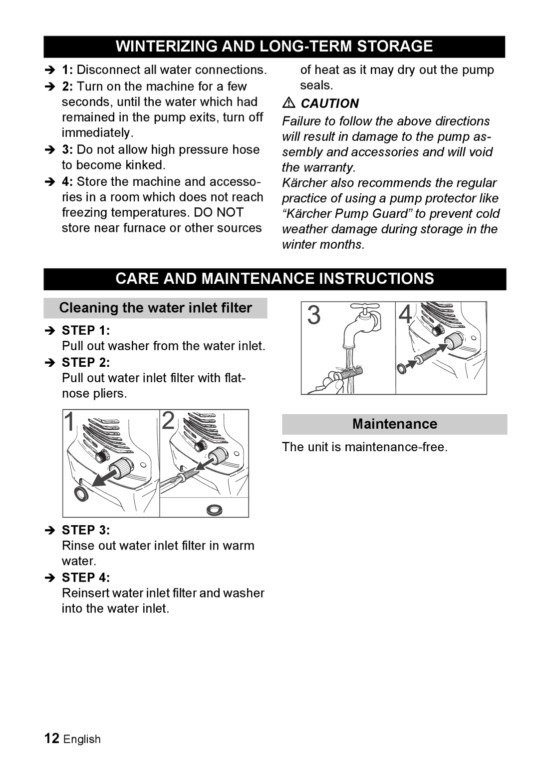 Karcher K 3.67 M Winterizing and LONG-TERM Storage, Care and Maintenance Instructions, Cleaning the water inlet filter 