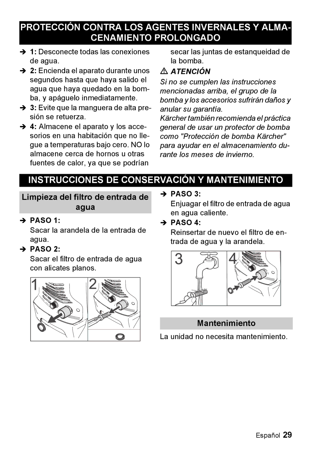 Karcher K 3.67 M manual Instrucciones DE Conservación Y Mantenimiento, Limpieza del filtro de entrada de Agua 