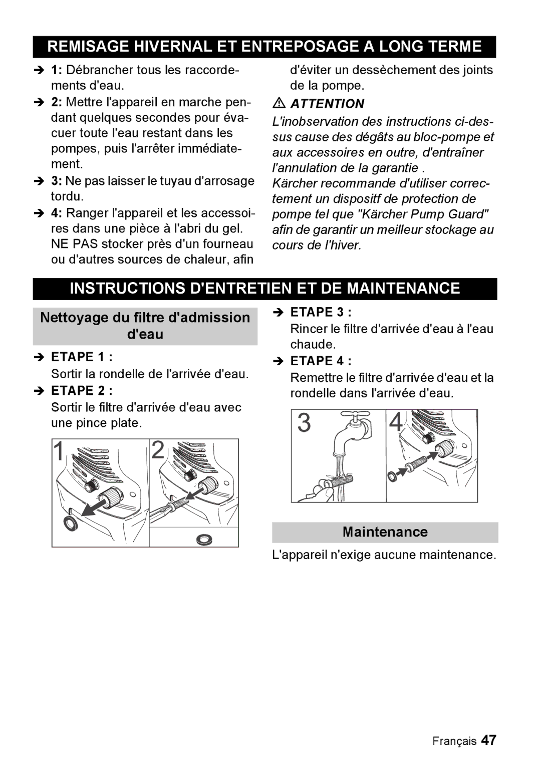 Karcher K 3.67 M manual Remisage Hivernal ET Entreposage a Long Terme, Instructions Dentretien ET DE Maintenance 